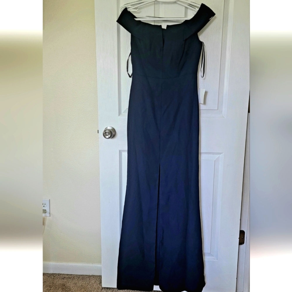 Dessy Collection Off-the-Shoulder Notch Trumpet Gown w/Front Slit Midnight Navy - Picture 2 of 2